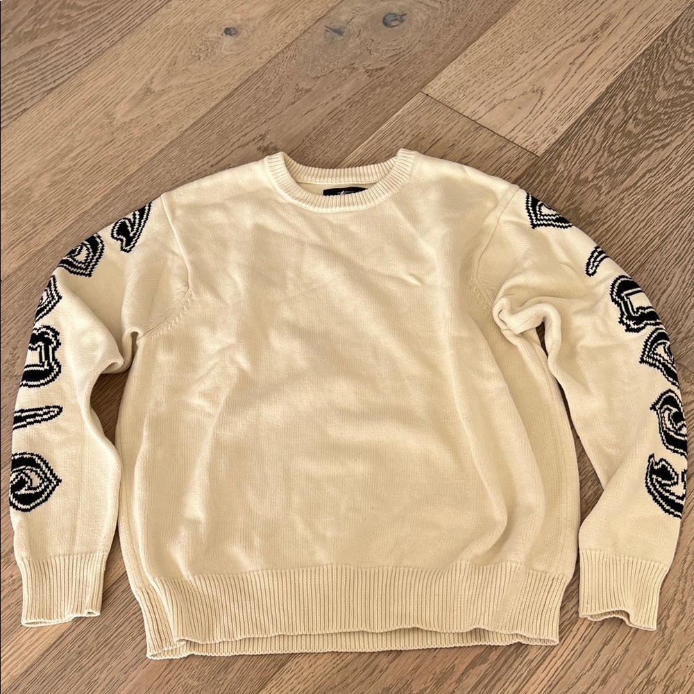 Stussy Cream Crewneck Sweater with Black Sleeve Design